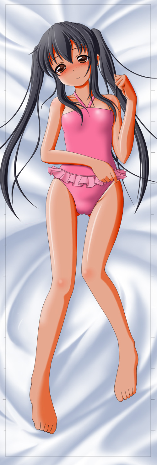 final (artist), narurun (final123), nakano azusa, k-on!, highres, long image, tall image, 00s, 1girl, bad anatomy, bad feet, barefoot, black hair, blush, brown eyes, female focus, loli, long hair, lying, one-piece swimsuit, poorly drawn, solo, swimsuit, tan, twintails