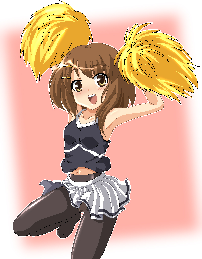 hayashiya zankurou, hirasawa yui, k-on!, derivative work, 00s, 1girl, armpits, brown eyes, brown hair, cheerleader, crotch seam, female focus, oekaki, panties, panties under pantyhose, pantyhose, pantyshot, pom pom (cheerleading), short hair, solo, underwear