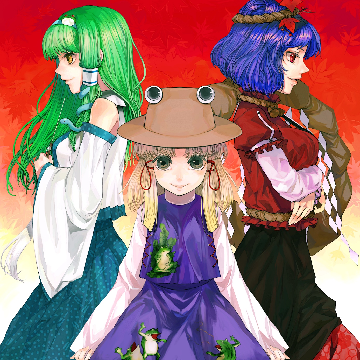 xero, kochiya sanae, moriya suwako, yasaka kanako, touhou, highres, 3girls, blonde hair, female focus, frog, hair ornament, hat, leaf hair ornament, multiple girls, snake