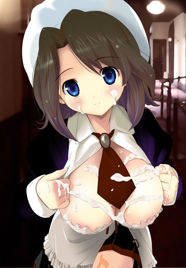 houmitsu, shannon (umineko), umineko no naku koro ni, 00s, 1girl, beret, black hair, blue eyes, blush, bra, breasts, cleavage, cum, cum on body, cum on breasts, cum on upper body, facial, female focus, hat, large breasts, leaning forward, lingerie, necktie, open clothes, open shirt, shirt, smile, solo, underwear