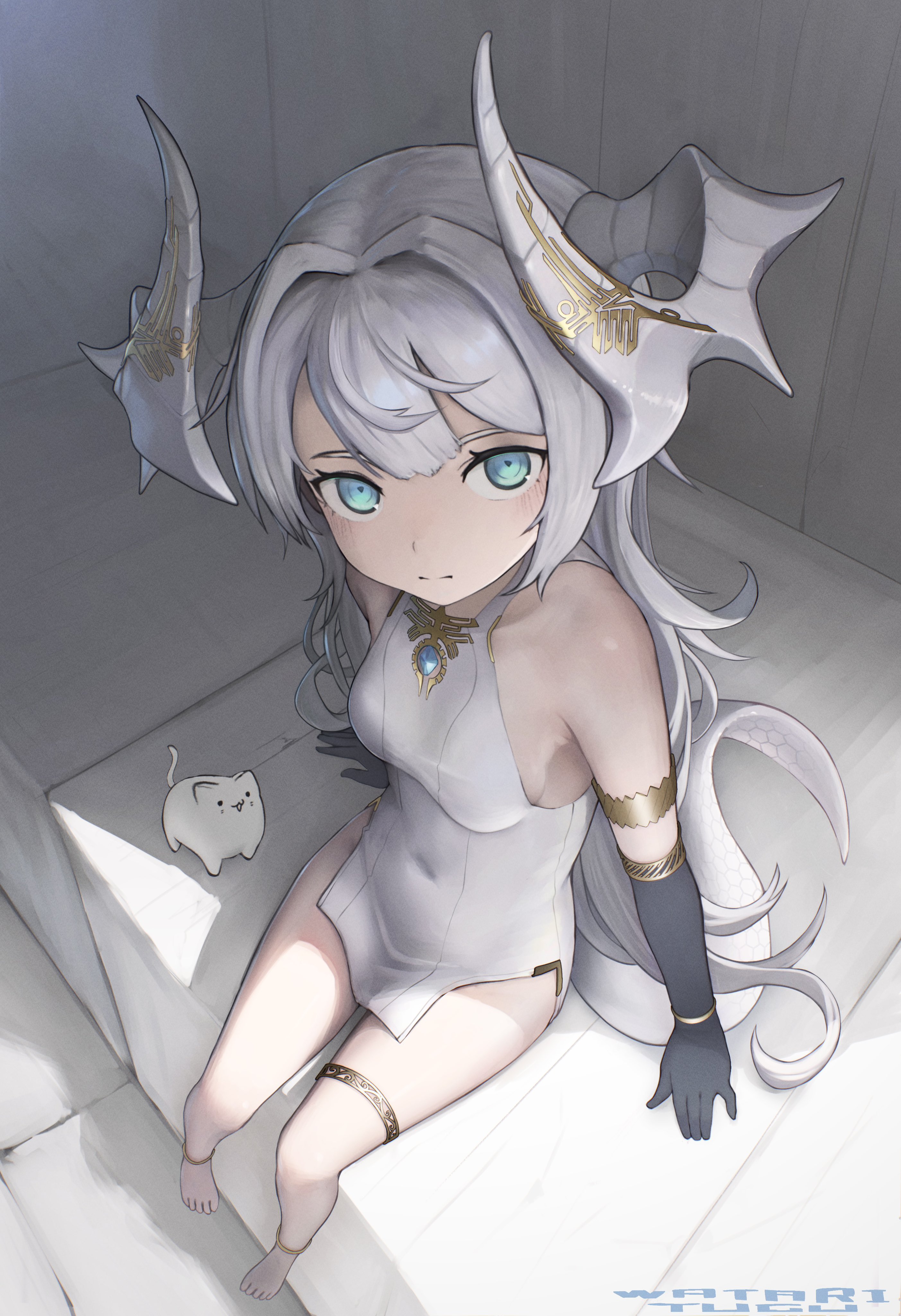 akemiya genma, original, absurdres, highres, 1girl, aqua eyes, armlet, artist name, blue gemstone, cat, closed mouth, covered navel, curved horns, dragon horns, dragon tail, dress, elbow gloves, from above, gem, gloves, gold, grey hair, hair intakes, horns, jewelry, long hair, looking at viewer, short dress, sitting, sleeveless, sleeveless dress, solo, symbol-shaped pupils, tail, thighlet, triangle-shaped pupils, very long hair