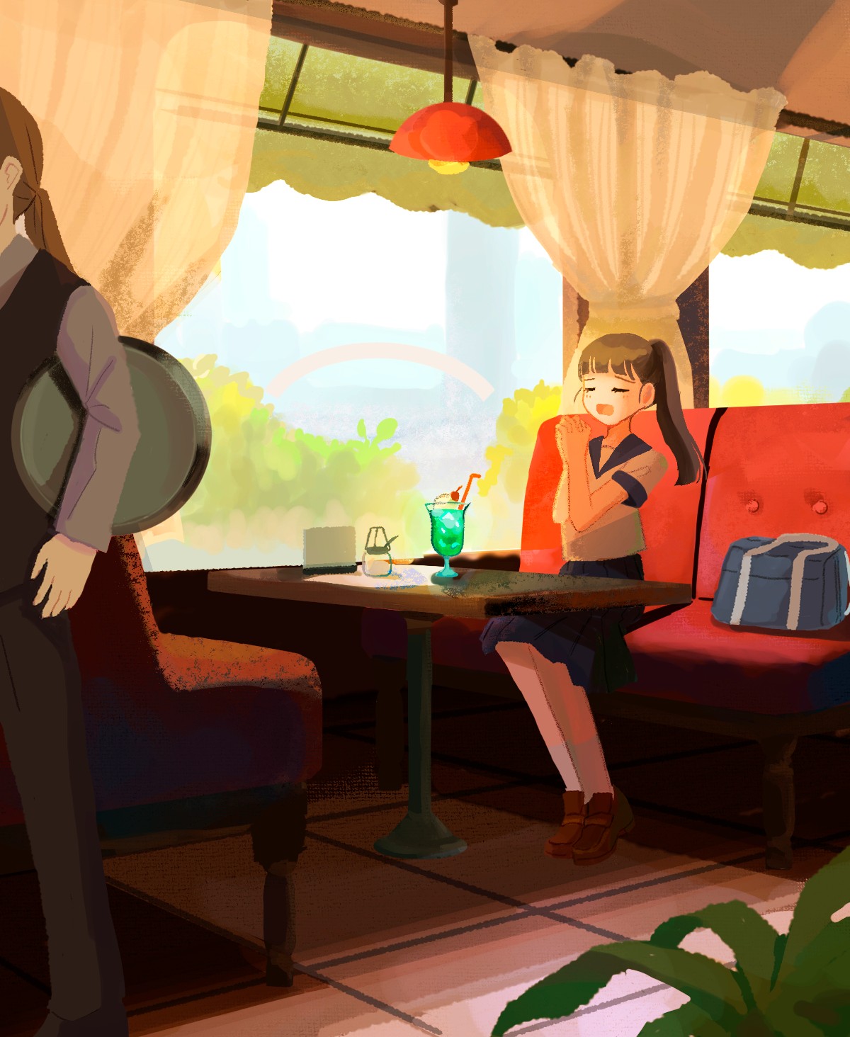original, highres, 1boy, 1girl, bag, blue bag, blue sailor collar, blue skirt, booth seating, brown hair, brown shoes, cherry, closed eyes, curtains, drinking straw, food, fruit, ice cream, ice cream float, long sleeves, no lineart, open mouth, own hands clasped, own hands together, ponytail, restaurant, sailor collar, school bag, school uniform, serafuku, shira mikamii, shoes, short sleeves, sitting, skirt, table, tray, waiter, window