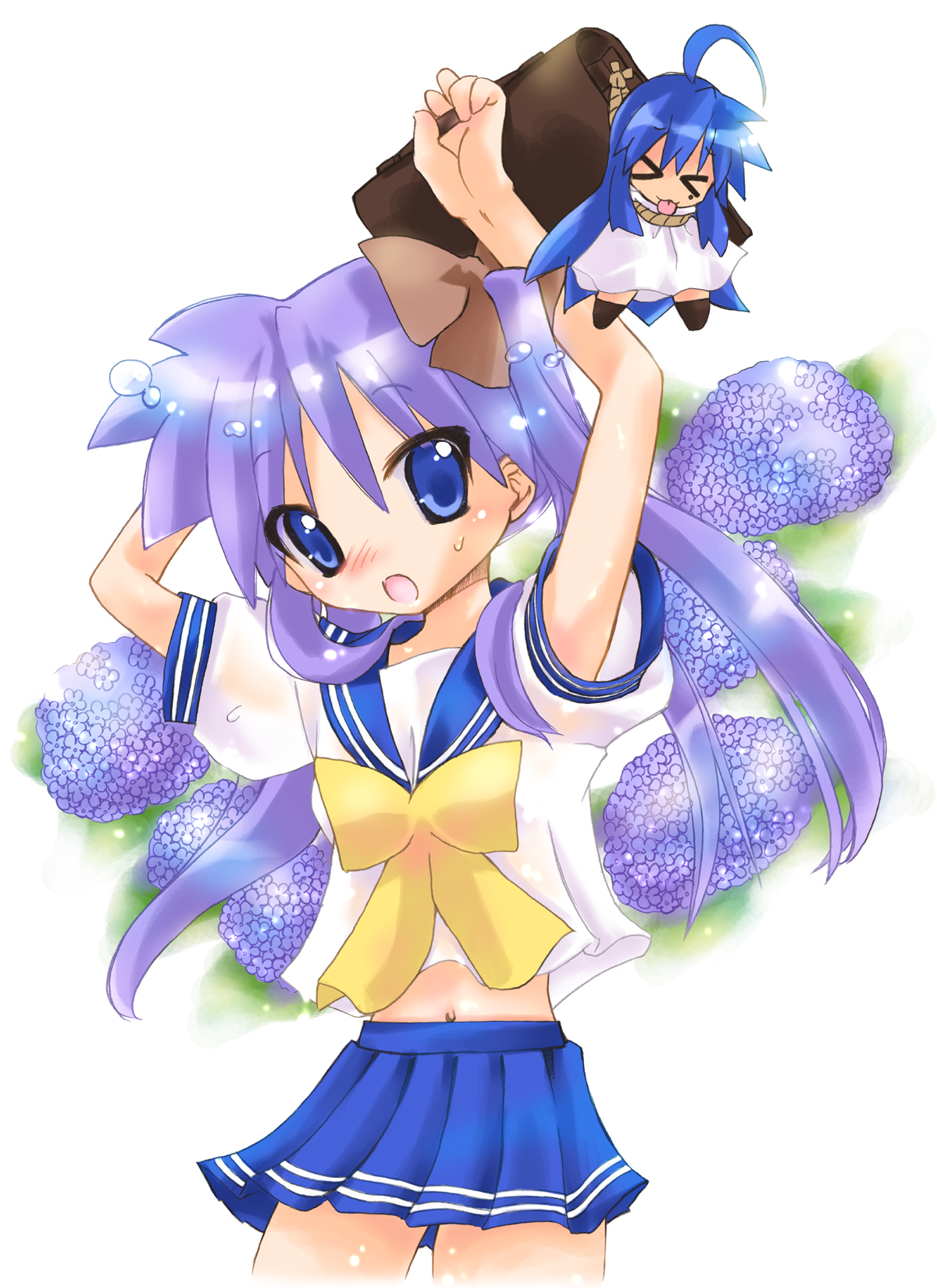 nyanmilla, hiiragi kagami, izumi konata, lucky star, highres, md5 mismatch, resolution mismatch, source larger, > <, 00s, 2girls, ahoge, blue eyes, chibi, closed eyes, flower, long hair, mole, mole under eye, multiple girls, navel, purple hair, school uniform, serafuku, tongue, tongue out, tsurime, twintails