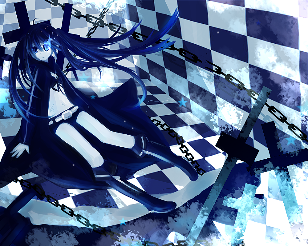 sahana ito, black rock shooter (character), black rock shooter, vocaloid, bad id, bad pixiv id, 10s, 1girl, belt, bikini, bikini top only, black bikini, black hair, blue eyes, boots, chain, coat, female focus, flat chest, glowing, glowing eyes, long hair, midriff, monochrome, navel, scar, shorts, solo, swimsuit, twintails