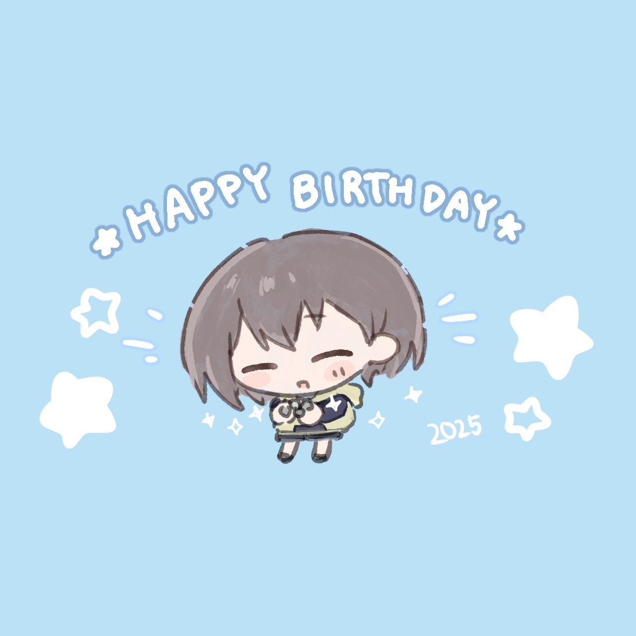 m (226mmy), takamatsu tomori, bang dream!, bang dream! it's mygo!!!!!, commentary, highres, symbol-only commentary, 1girl, blue background, blush, chibi, chibi only, closed eyes, grey hair, happy birthday, open mouth, short hair, simple background, solo