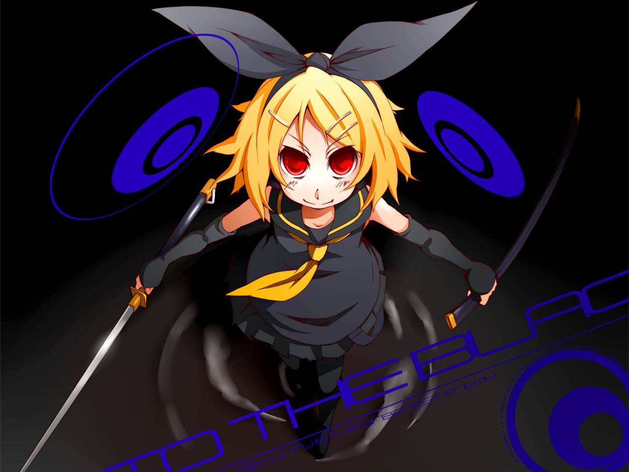 metaphor (artist), kagamine rin, vocaloid, bad id, bad pixiv id, 1girl, blonde hair, dress, female focus, fingerless gloves, gloves, hair ornament, hair ribbon, hairclip, katana, red eyes, ribbon, sailor dress, short hair, smile, solo, sour model (mikumikudance), sword, weapon