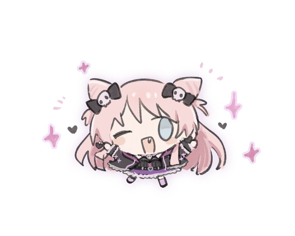 m (226mmy), chihaya anon, bang dream!, bang dream! it's mygo!!!!!, sanrio, commentary, 1girl, arms up, black bow, bow, cone hair bun, earrings, fang, grey eyes, hair bow, hair bun, heart, heart earrings, jewelry, long hair, one eye closed, open mouth, pink hair, simple background, solo, white background