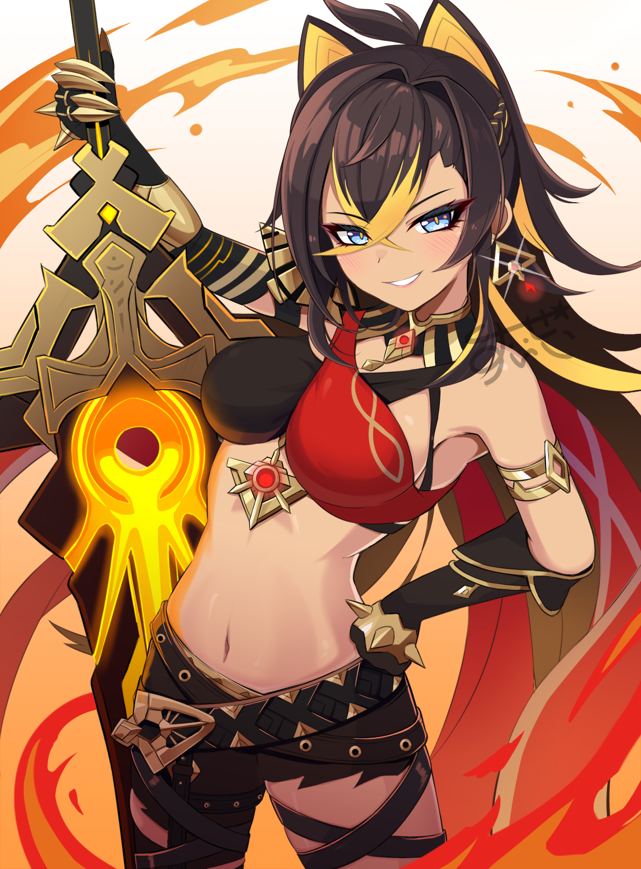 qixi cui xing, dehya (genshin impact), genshin impact, gold armlet, commentary request, highres, 1girl, armlet, asymmetrical clothes, bandeau, bare shoulders, beacon of the reed sea (genshin impact), black bandeau, black pants, blonde hair, blue eyes, breasts, brown hair, clawed gauntlets, cowboy shot, crossed bangs, dark-skinned female, dark skin, earrings, fire, glint, gold choker, gradient background, greatsword, grin, hair between eyes, hair ears, hand on own hip, holding, holding sword, holding weapon, jewelry, large breasts, long hair, looking at viewer, multicolored hair, navel, pants, parted lips, planted, planted sword, planted weapon, pyrokinesis, red bandeau, simple background, single pantsleg, smile, solo, streaked hair, sword, torn clothes, torn pants, weapon
