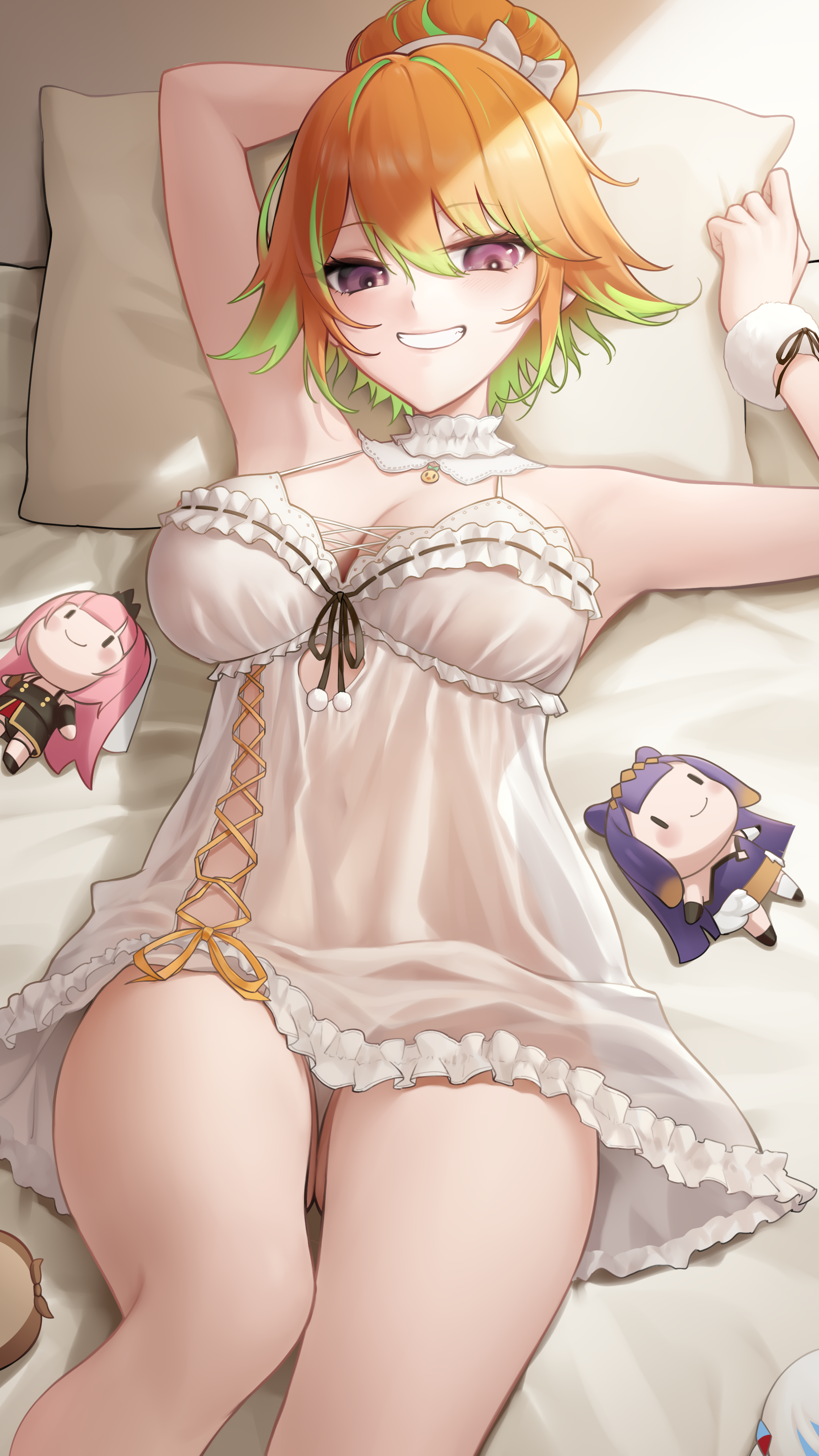 somebody (leiking00), gawr gura, mori calliope, mori calliope (1st costume), ninomae ina'nis, ninomae ina'nis (1st costume), smol ame, smol calli, smol gura, smol ina, takanashi kiara, takanashi kiara (cozy), watson amelia, hololive, hololive english, holomyth, green highlights, absurdres, commentary, english commentary, highres, paid reward available, 1girl, babydoll, breasts, chemise, frilled babydoll, gluteal fold, green hair, hair bun, lace-trimmed nightgown, large breasts, looking at viewer, lying, multicolored hair, official alternate costume, official alternate hairstyle, on back, on bed, orange hair, panties, pillow, purple eyes, see-through babydoll, see-through clothes, smile, solo, two-tone hair, underwear, virtual youtuber, white babydoll, white chemise, white panties
