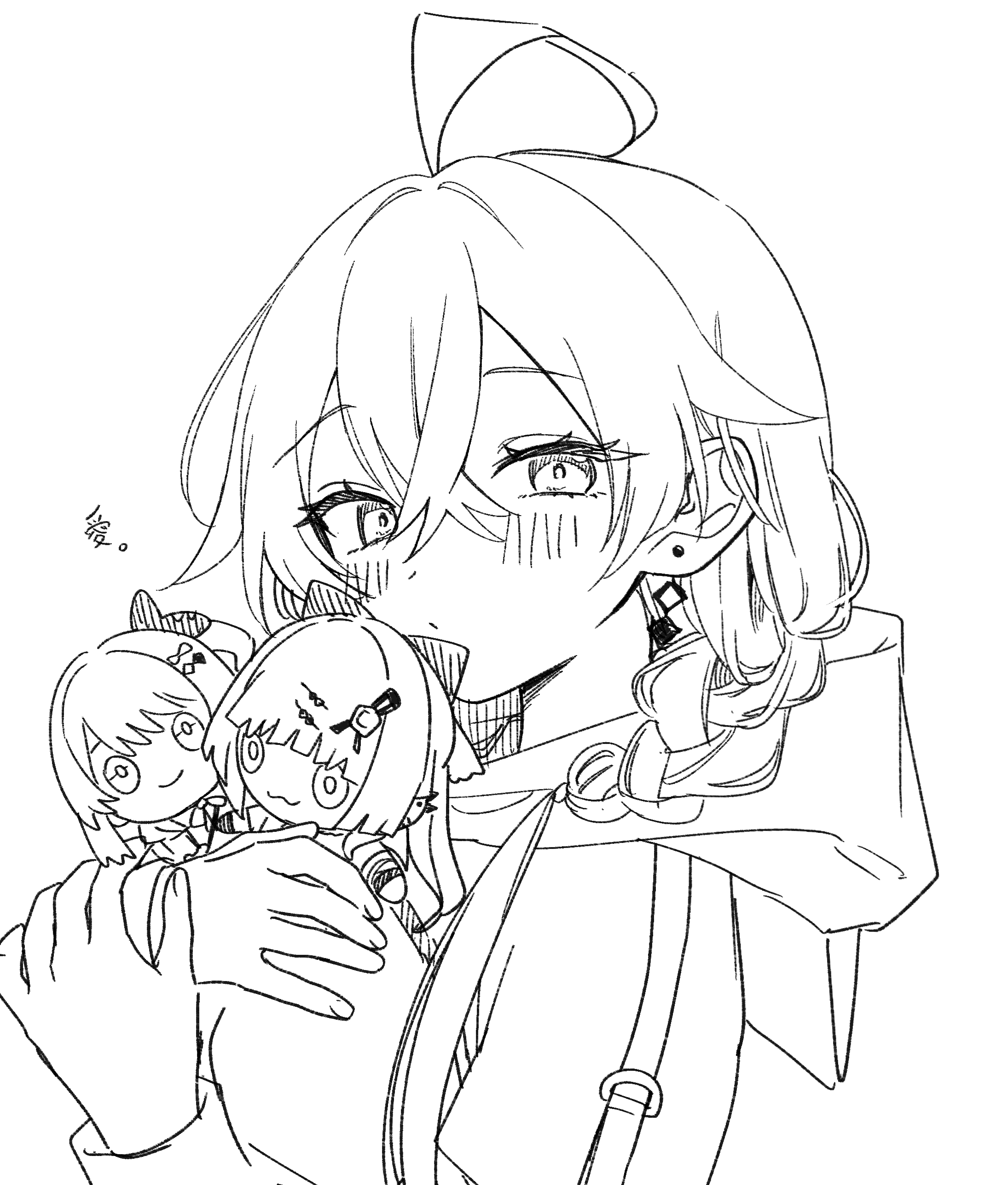 kashikaze, ishigami nozomi, kuramochi meruto, shishido akari, shishido akari (1st costume), nijisanji, absurdres, highres, 1girl, ahoge, braid, character doll, crossed bangs, doll, earrings, greyscale, hood, hood down, jewelry, lineart, looking at viewer, monochrome, multiple girls, simple background, twin braids, upper body, virtual youtuber, white background