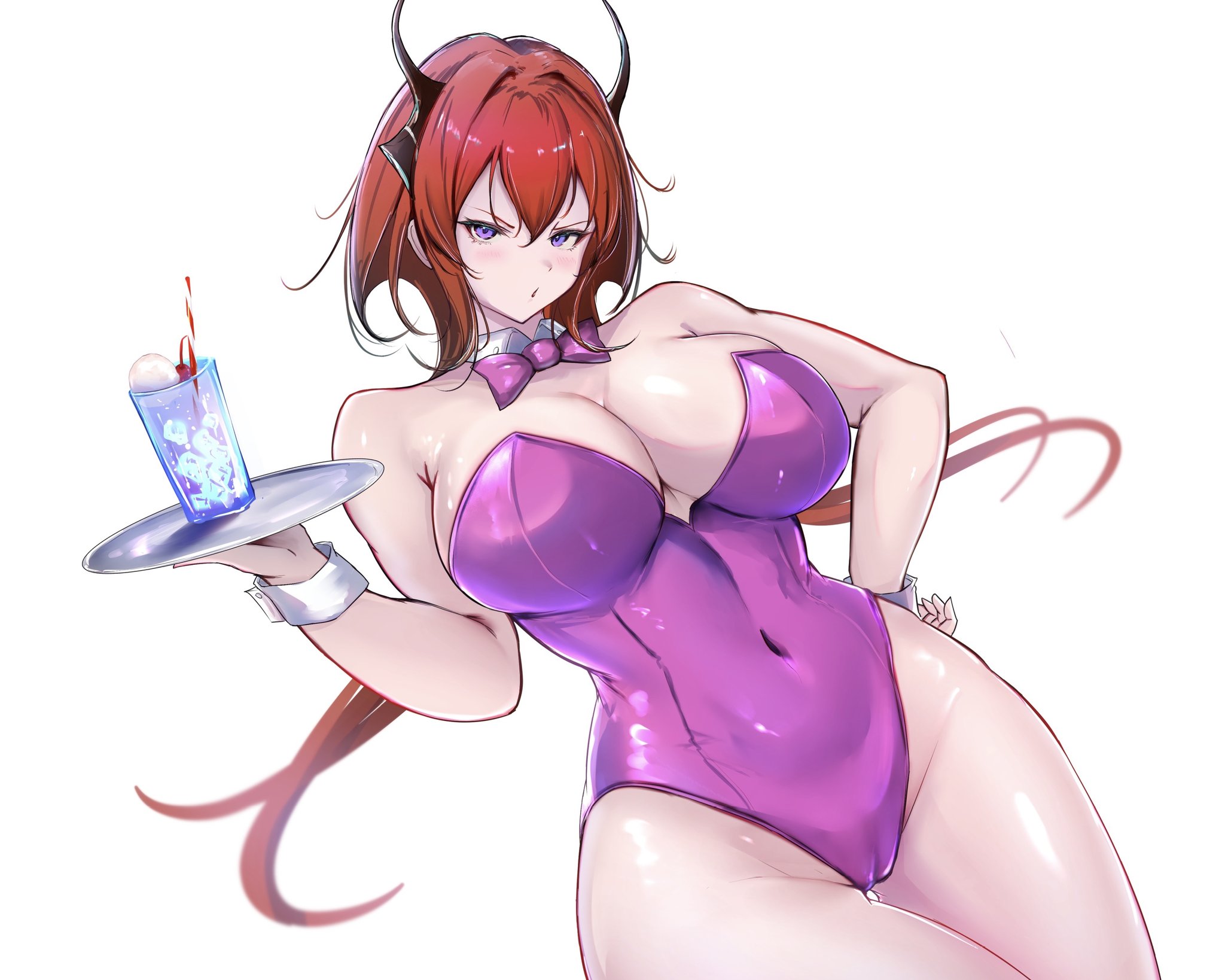 poni (poni arknights), surtr (arknights), arknights, highres, 1girl, alternate costume, bare shoulders, blush, bow, bowtie, breasts, cameltoe, cleavage, collar, covered navel, cowboy shot, demon girl, demon horns, detached collar, drinking straw, glasses, hair between eyes, hair intakes, highleg, highleg leotard, holding, holding tray, horns, large breasts, leotard, long hair, looking at viewer, parted lips, playboy bunny, purple eyes, purple leotard, red hair, simple background, solo, standing, strapless, strapless leotard, thighs, tray, white background, white collar, white wrist cuffs, wrist cuffs