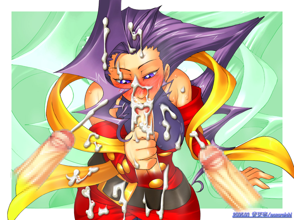 aozoraichi, rose (street fighter), capcom, street fighter, 1girl, 3boys, belt, blue eyes, blush, breasts, bukkake, censored, cum, cum in mouth, cum on body, cum on breasts, cum on clothes, cum on hair, cum on upper body, detached sleeves, dress, ejaculation, facial, fellatio, handjob, long hair, multiple boys, oral, penis, purple eyes, purple hair, scarf, sweat