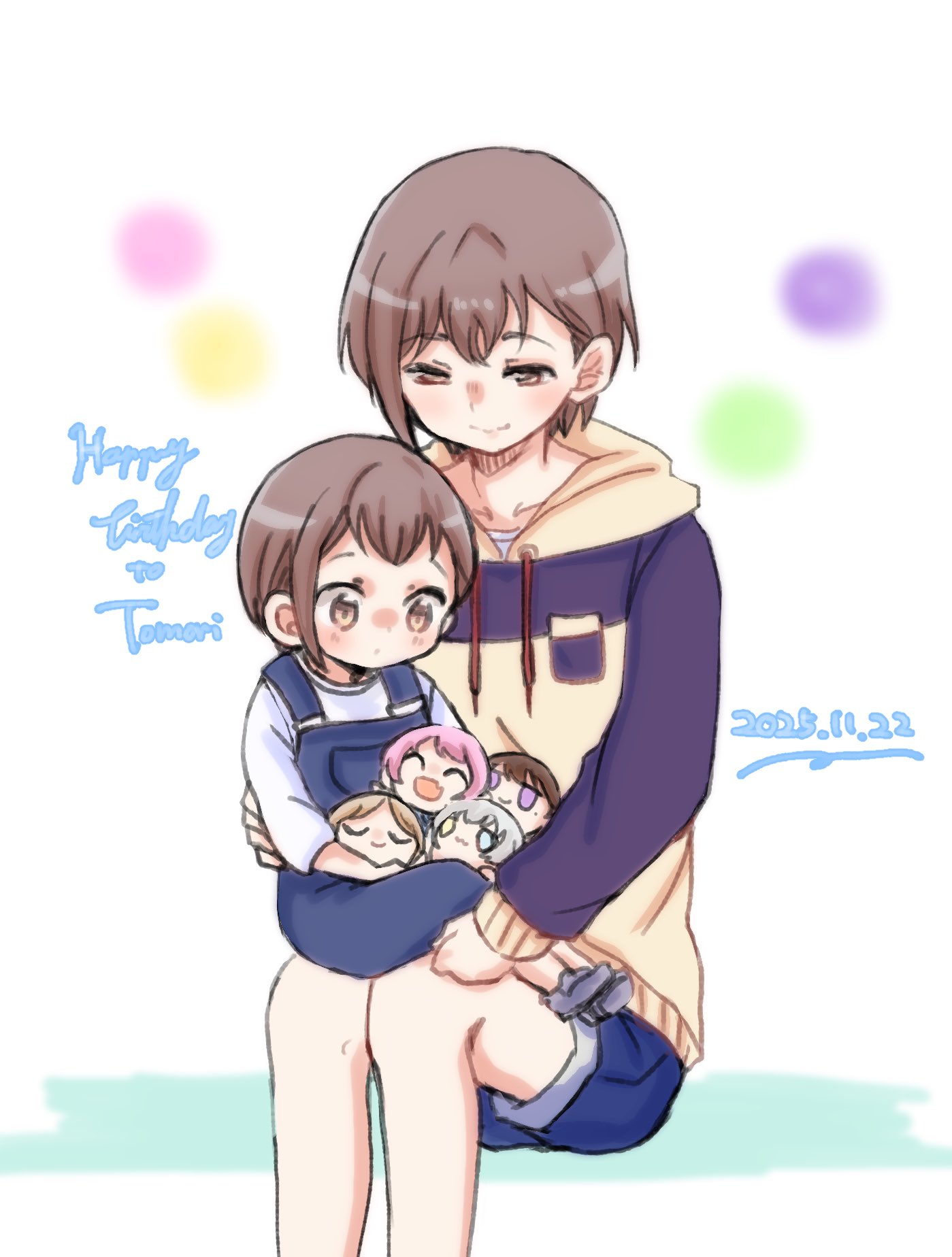 satoshi (peso727), chihaya anon, kaname raana, nagasaki soyo, shiina taki, takamatsu tomori, bang dream!, bang dream! it's mygo!!!!!, commentary request, highres, 2girls, aged down, blue overalls, blue shorts, blush, brown eyes, brown hoodie, closed mouth, dated, dual persona, grey hair, happy birthday, hood, hood down, hoodie, multiple girls, mygo!!!!! (bang dream!), on lap, overalls, shirt, short hair, shorts, sitting, time paradox, white shirt