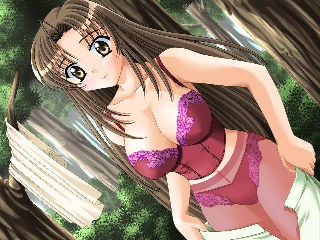 kanekiyo miwa, trouble witch's!!, character request, 1girl, blush, breasts, brown eyes, brown hair, bush, bustier, cleavage, collarbone, forest, large breasts, lingerie, long hair, looking at viewer, nature, navel, open mouth, panties, panties over pantyhose, pantyhose, red panties, skirt, standing, tree, underwear, undressing, white skirt
