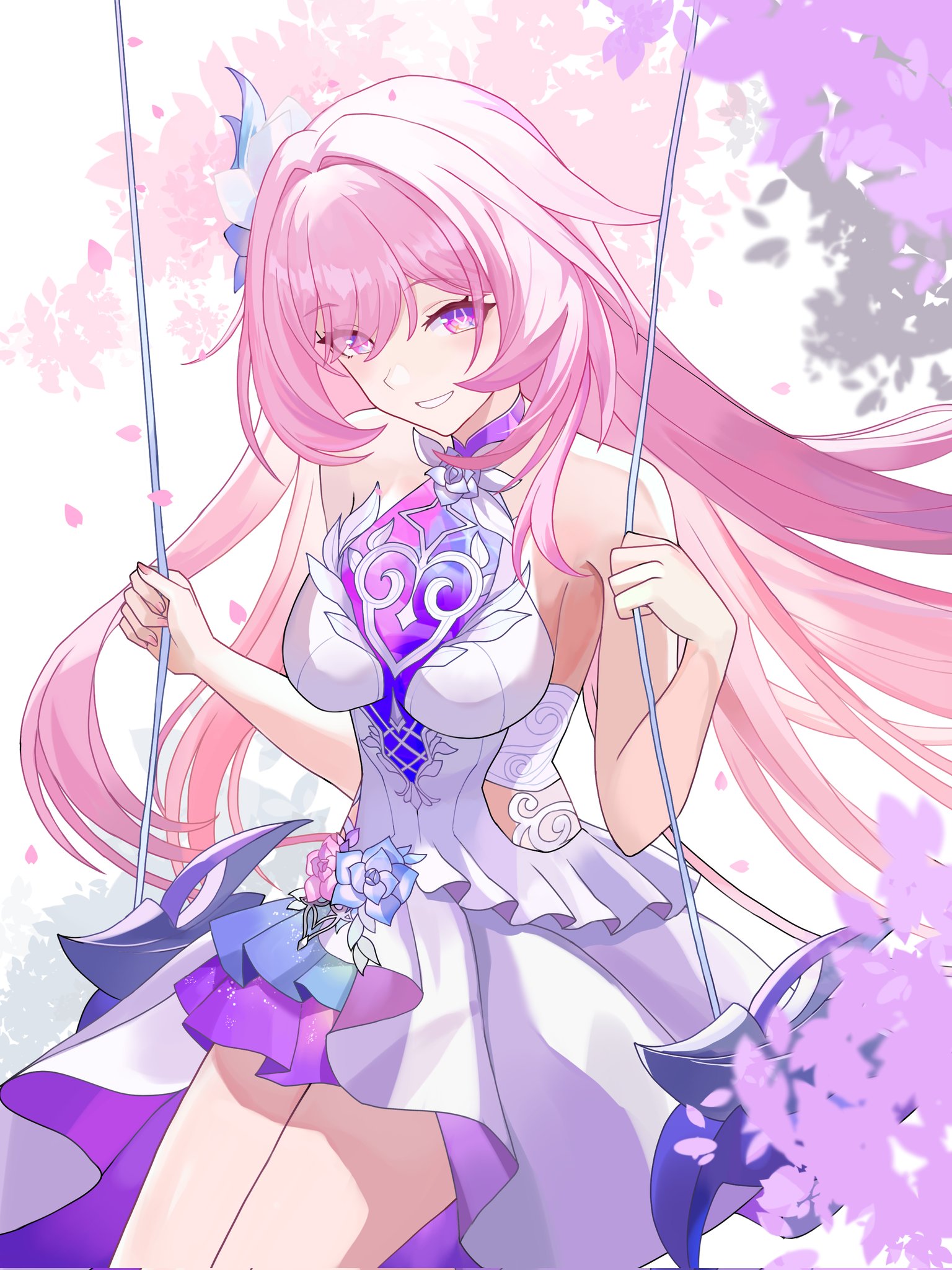 cyrene (honkai: star rail), cyrene (ripples of past reverie) (honkai: star rail), honkai: star rail, honkai (series), corrupted twitter file, hashtag-only commentary, highres, 1girl, bare shoulders, breasts, diamond-shaped pupils, diamond (shape), dress, flower, hair flower, hair ornament, hashtag, jp4g6kfhb842057, large breasts, long hair, looking at viewer, on swing, pink hair, purple eyes, smile, solo, swing, symbol-shaped pupils, thighs, very long hair, white dress