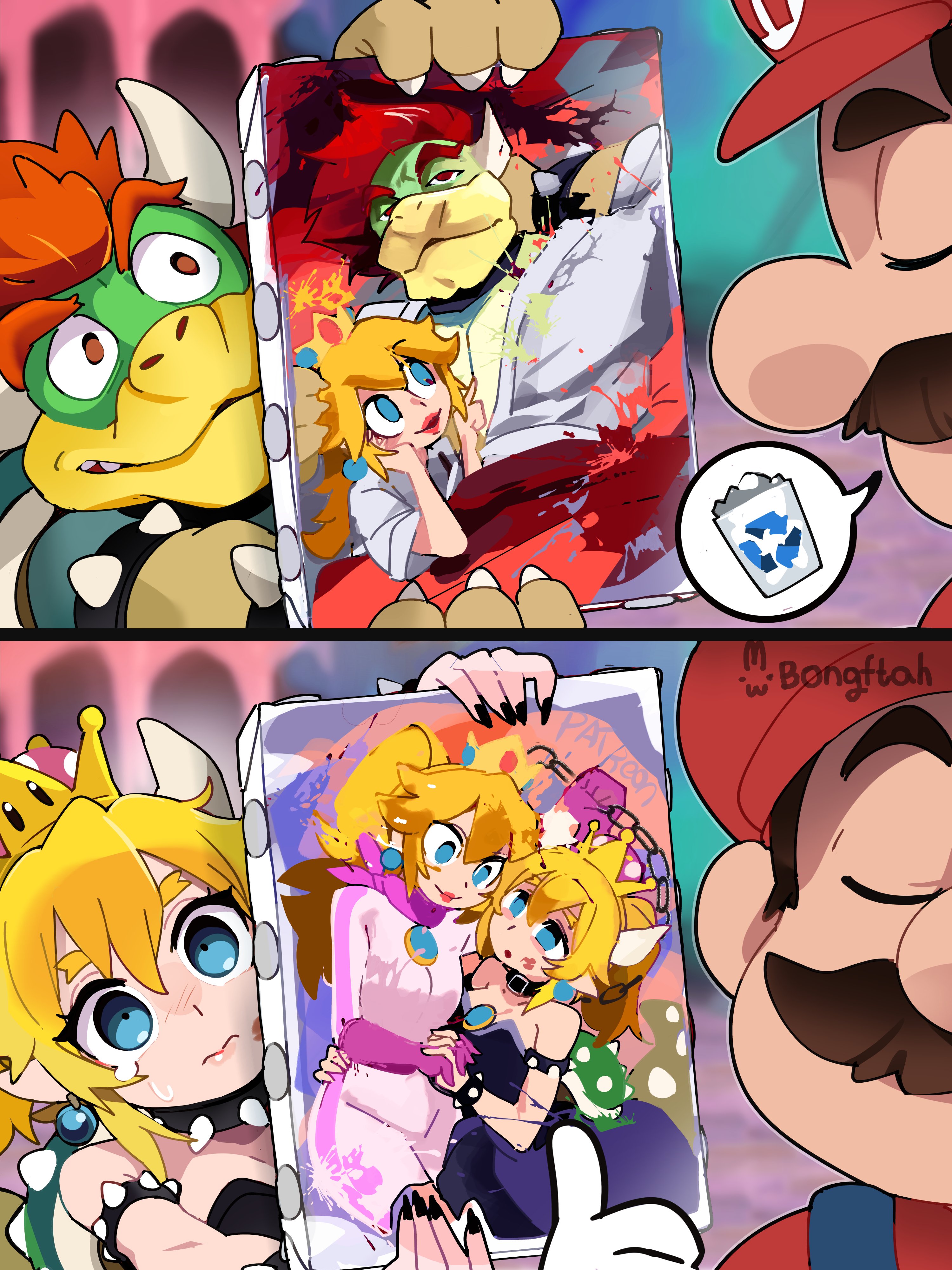 bongftah, bowser, bowsette, mario, princess peach, mario (series), new super mario bros. u deluxe, nintendo, super mario galaxy, absurdres, commentary, highres, symbol-only commentary, 2boys, 2girls, artist name, black dress, blonde hair, blue eyes, blush, collar, dress, facial hair, gloves, long hair, multiple boys, multiple girls, mustache, painting (object), pink dress, spiked collar, spikes, super crown, tears, thumbs up, white gloves, yuri