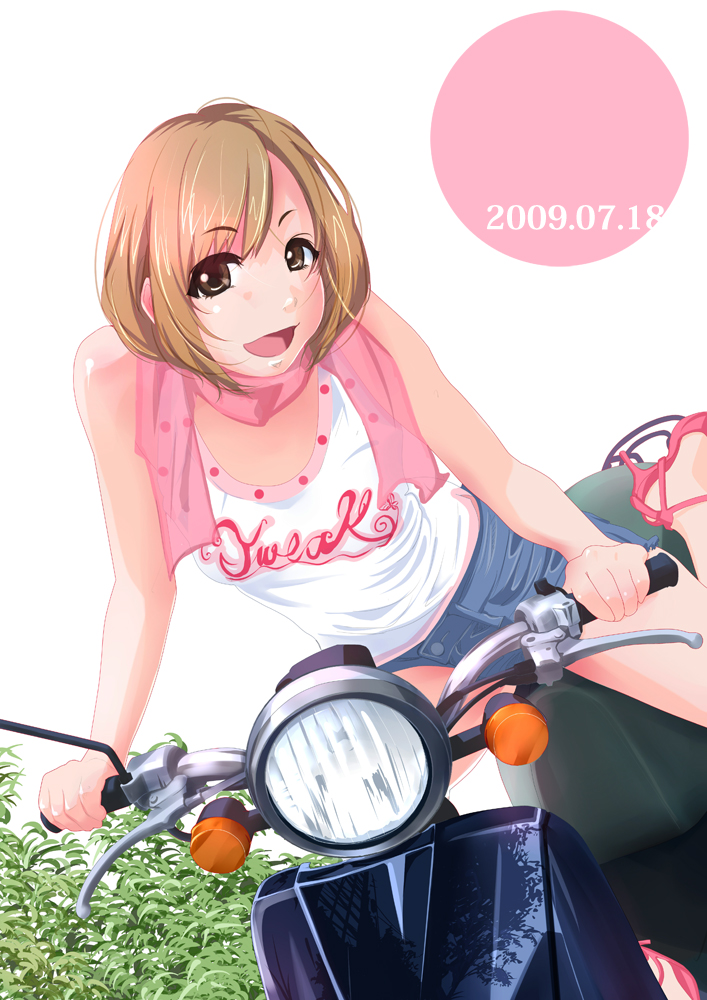 tsuka (blind side), original, vehicle, bare shoulders, brown eyes, brown hair, high heels, motor vehicle, open mouth, scarf, scooter, shoes, short hair, smile, solo