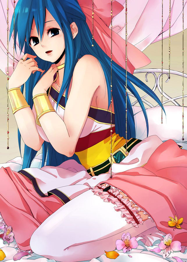 hidaka ryou, flora (dq5), dragon quest, dragon quest v, bad id, bad pixiv id, 1girl, bare shoulders, bed, blue hair, bow, bracelet, choker, female focus, flower, hair bow, half updo, jewelry, long hair, pink bow, solo, thighhighs, zettai ryouiki