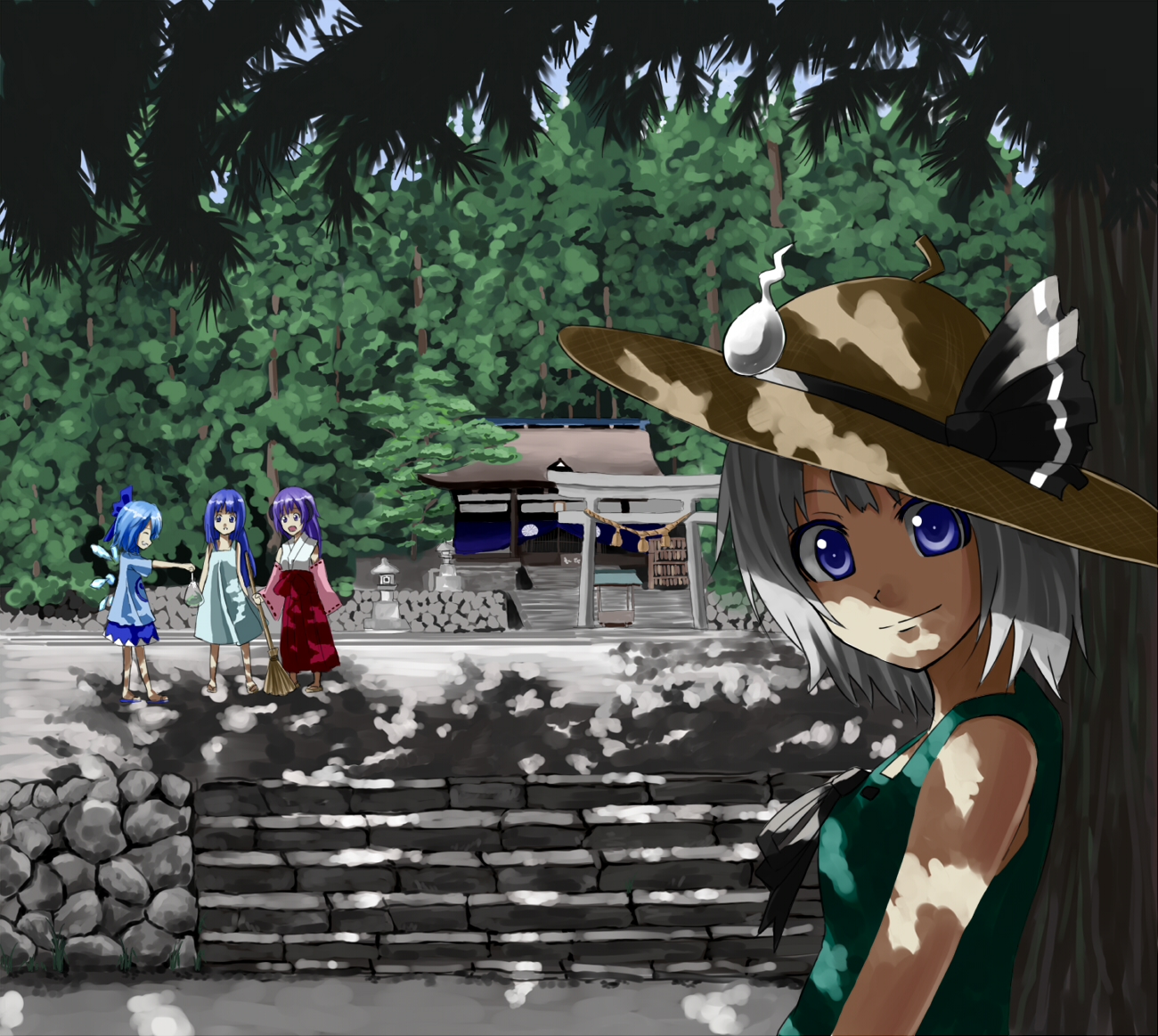 bokuden, cirno, furude rika, hanyuu, konpaku youmu, konpaku youmu (ghost), higurashi no naku koro ni, touhou, 00s, 4girls, alternate costume, contemporary, crossover, dappled sunlight, hat, hitodama, multiple girls, shade, shrine, stone lantern, straw hat, sunlight, torii, tree, tree shade