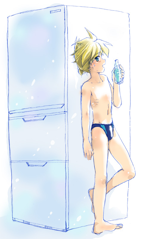 torajimaneko, kagamine len, vocaloid, bad id, bad pixiv id, 1boy, barefoot, blonde hair, blue eyes, blue male swimwear, blue swim briefs, bottle, child, feet, male focus, male swimwear, navel, refrigerator, short hair, sketch, solo, swim briefs, swimsuit, topless male