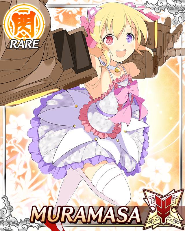 muramasa (senran kagura), senran kagura, senran kagura new wave, game cg, official art, 1girl, :d, android, blonde hair, bow, card (medium), character name, doll joints, dress, english text, flat chest, giant fist, hair bow, heterochromia, horns, joints, looking at viewer, low twintails, mechanical horns, medium hair, open mouth, outstretched arms, pink bow, power fist, purple dress, purple eyes, red eyes, smile, solo, thighhighs, twintails, white thighhighs
