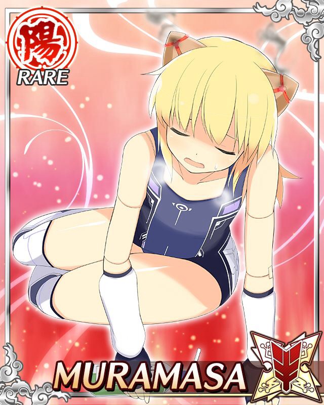 muramasa (senran kagura), senran kagura, senran kagura new wave, game cg, official art, 1girl, android, blonde hair, blue one-piece swimsuit, card (medium), character name, closed eyes, doll joints, english text, fingerless gloves, flat chest, gloves, horns, joints, low twintails, mechanical horns, medium hair, one-piece swimsuit, solo, swimsuit, thighhighs, twintails