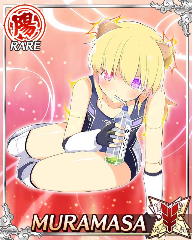 muramasa (senran kagura), senran kagura, senran kagura new wave, game cg, official art, 1girl, android, blonde hair, blue one-piece swimsuit, bottle, card (medium), character name, doll joints, drinking straw, english text, fingerless gloves, flat chest, gloves, heterochromia, holding, holding bottle, horns, joints, looking at viewer, low twintails, mechanical horns, medium hair, one-piece swimsuit, powering up, purple eyes, red eyes, sitting, solo, swimsuit, thighhighs, twintails