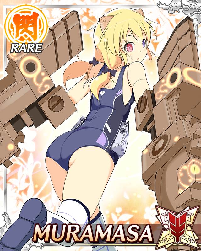 muramasa (senran kagura), senran kagura, senran kagura new wave, game cg, official art, 1girl, android, blonde hair, blue one-piece swimsuit, card (medium), character name, doll joints, english text, flat chest, giant fist, heterochromia, horns, joints, looking at viewer, looking back, low twintails, mechanical horns, medium hair, one-piece swimsuit, power fist, purple eyes, red eyes, running, solo, swimsuit, twintails