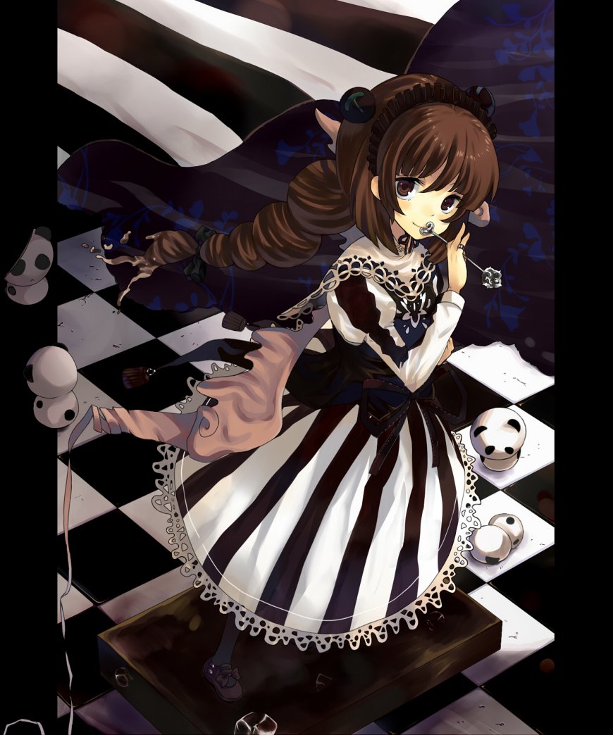 aki (mare desiderii), original, 1girl, brown eyes, brown hair, chocolate, dress, female focus, hair bobbles, hair ornament, hairband, long hair, looking up, panda, smile, solo, striped background, stuffed animal, stuffed toy