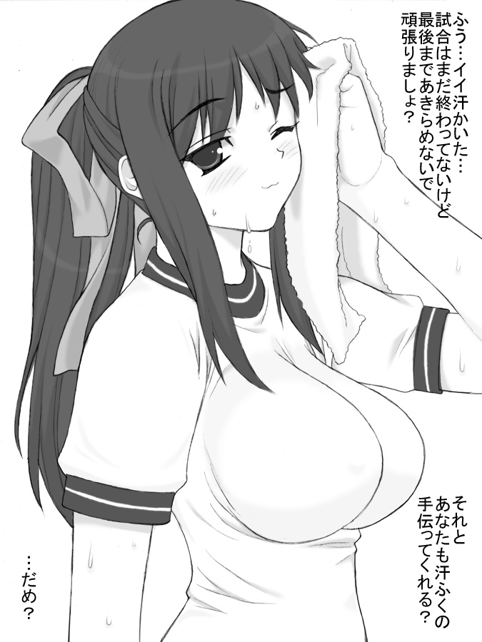 shichimenchou, kurusugawa ayaka, to heart, to heart (series), :3, greyscale, gym uniform, long hair, monochrome, ponytail, ribbon, solo, sweat