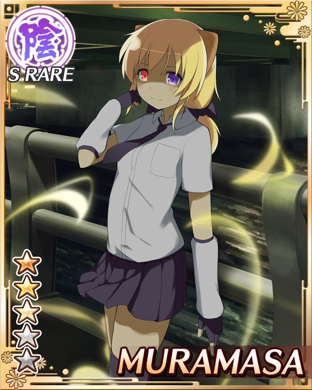 muramasa (senran kagura), senran kagura, senran kagura new wave, game cg, official art, 1girl, android, aura, blonde hair, blue necktie, blue skirt, blue thighhighs, card (medium), character name, closed mouth, doll joints, english text, flat chest, hanzou academy school uniform, heterochromia, horns, joints, looking at viewer, low twintails, mechanical horns, medium hair, necktie, purple eyes, red eyes, school uniform, shirt, skirt, smile, solo, thighhighs, twintails, white shirt