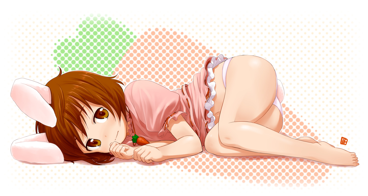 nagian, inaba tewi, touhou, bad id, bad pixiv id, 1girl, animal ears, ass, barefoot, brown eyes, brown hair, carrot, feet, female focus, full body, jewelry, lying, on side, panties, pendant, polka dot, polka dot background, rabbit ears, rabbit girl, rabbit tail, short hair, solo, tail, underwear, wide hips