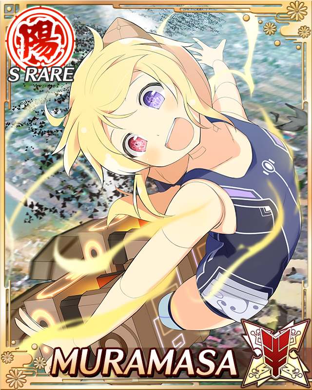 muramasa (senran kagura), senran kagura, senran kagura new wave, game cg, official art, 1girl, :d, android, aura, blonde hair, blue one-piece swimsuit, card (medium), character name, doll joints, english text, flat chest, heterochromia, horns, joints, leaning back, low twintails, mechanical horns, medium hair, one-piece swimsuit, open mouth, outstretched arms, purple eyes, red eyes, smile, solo, swimsuit, thighhighs, twintails, white thighhighs