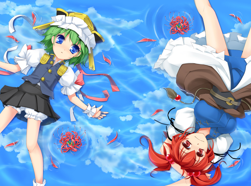 wapokichi, onozuka komachi, shiki eiki, touhou, 2girls, arms behind head, arms up, blue eyes, cloud, day, female focus, flower, from above, green hair, hair bobbles, hair ornament, hat, lying, multiple girls, on back, red eyes, red flower, red hair, reflection, reflective liquid, rotational symmetry, short hair, smile, spider lily, twintails, two side up, water