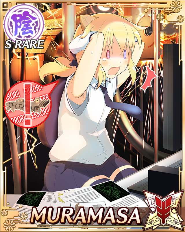 muramasa (senran kagura), senran kagura, senran kagura new wave, game cg, official art, 1girl, :d, android, arms behind head, blonde hair, blue necktie, blue skirt, blue thighhighs, card (medium), character name, doll joints, english text, factory, flat chest, hanzou academy school uniform, heterochromia, horns, joints, low twintails, mechanical horns, mechanical spine, medium hair, necktie, open mouth, power tool, purple eyes, red eyes, scared, school uniform, shirt, skirt, smile, solo, tearing up, thighhighs, twintails, white shirt