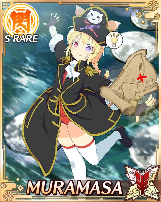 muramasa (senran kagura), senran kagura, senran kagura new wave, game cg, official art, 1girl, android, black coat, blonde hair, card (medium), character name, coat, doll joints, english text, flat chest, hat, heterochromia, horns, joints, light bulb, low twintails, map, mechanical horns, medium hair, outstretched arms, pirate, pirate hat, purple eyes, red eyes, smile, solo, spoken light bulb, stepping stones, thighhighs, twintails, white thighhighs, x mark