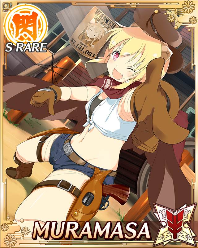 muramasa (senran kagura), senran kagura, senran kagura new wave, game cg, official art, 1girl, :d, android, blonde hair, brown gloves, brown hat, card (medium), character name, cowboy western, cowgirl (western), crop top, denim, denim shorts, doll joints, english text, flat chest, gloves, hat, heterochromia, horns, joints, leather, leather skirt, low twintails, mechanical horns, medium hair, one eye closed, open mouth, pointing, pointing at viewer, purple eyes, red eyes, shorts, skirt, smile, solo, twintails, wanted poster, yoke (clothing)