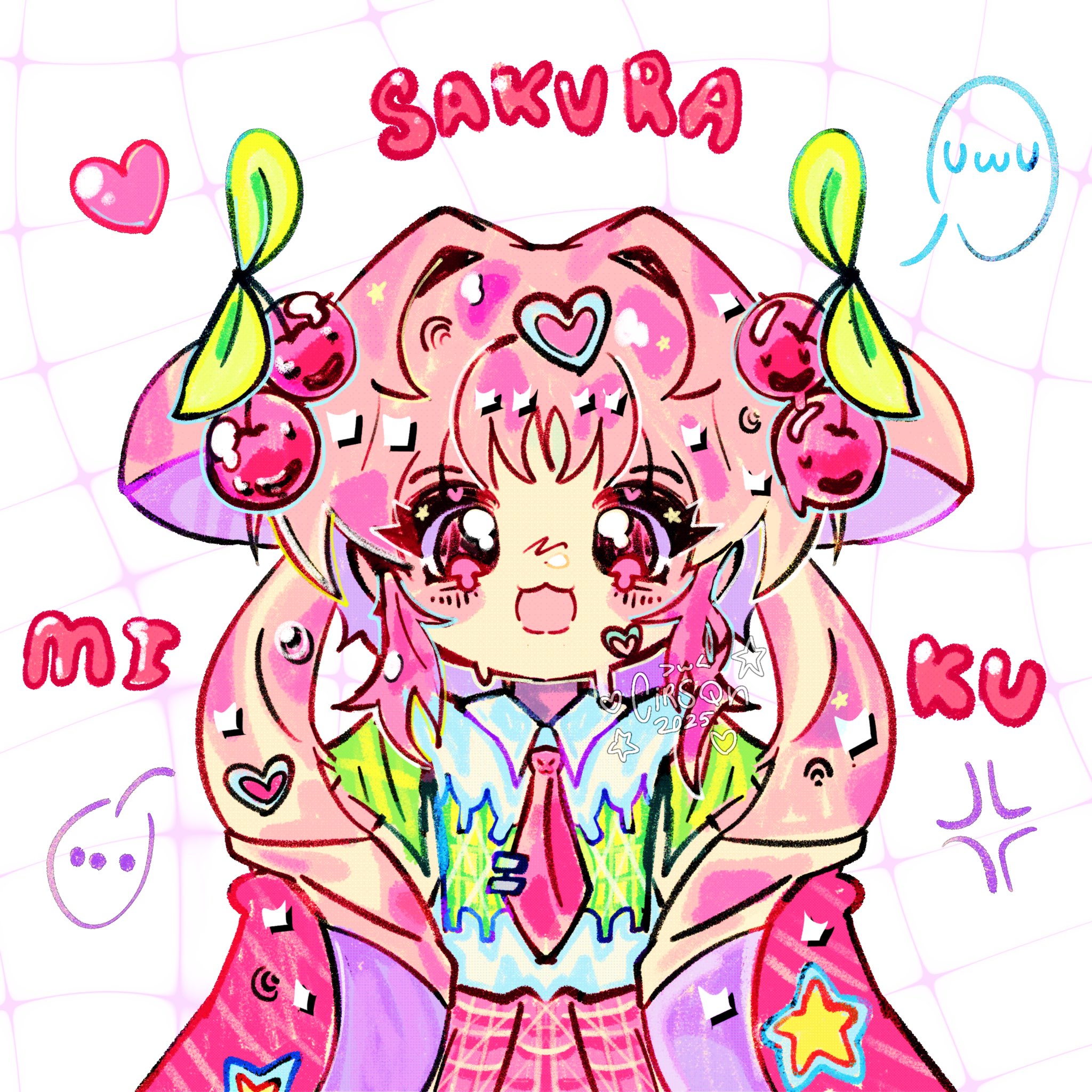 cirsqn, hatsune miku, sakura miku, vocaloid, commentary, highres, …, 1girl, blue shirt, character name, cherry hair ornament, cowboy shot, food-themed hair ornament, hair ornament, heart, heart hair ornament, long hair, looking at viewer, necktie, open mouth, pink eyes, pink hair, pink necktie, pink skirt, shirt, skirt, smile, solo, spoken ellipsis, straight-on, uwu, white background