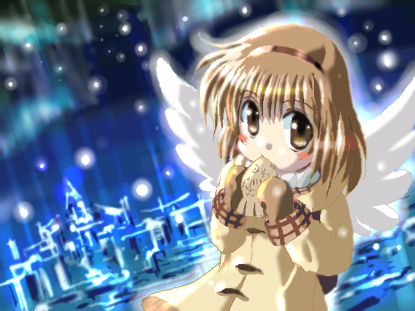 tsukimiya ayu, kanon, blush, brown hair, eating, food, hairband, mittens, short hair, snow, solo, taiyaki, wagashi, wings