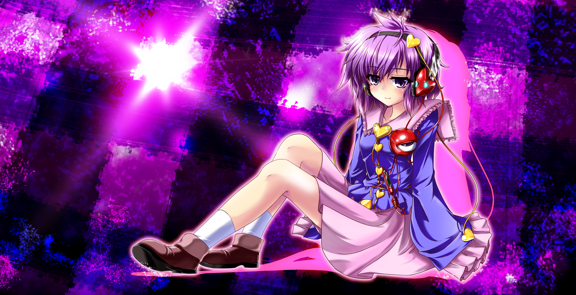 iseno yajin, komeiji satori, touhou, highres, 1girl, female focus, hairband, heart, legs, purple eyes, purple hair, short hair, sitting, socks, solo