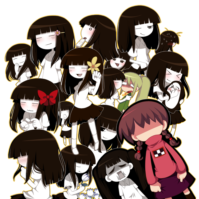 funamusea (artist), mogeko, madotsuki, monoe, monoko, poniko, uboa, yume nikki, bad id, bad pixiv id, > <, 6+girls, black eyes, black hair, blonde hair, blush, bow, braid, brown hair, chibi, closed eyes, flower, food, gloom (expression), hair bow, hair flower, hair ornament, hairpin, hug, kiss, multiple girls, multiple persona, one eye closed, open mouth, pink shirt, popsicle, shaded face, shirt, simple background, skirt, smile, sweat, sweater, turtleneck, twin braids, wink, yukkuri shiteitte ne, yuri