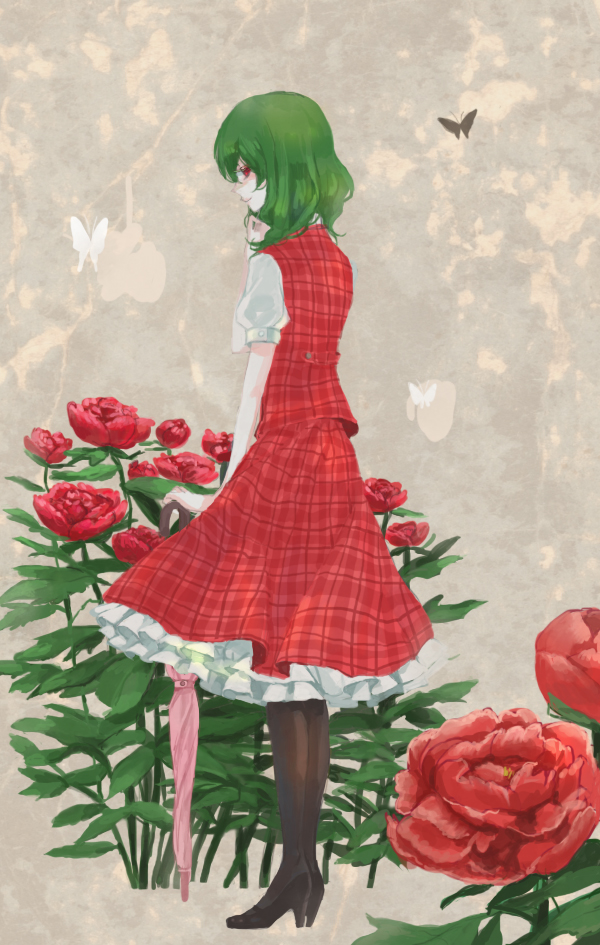 hm (artist), slash (syrh3ee), kazami yuuka, touhou, bad id, bad pixiv id, 1girl, black shoes, boots, bug, butterfly, closed umbrella, female focus, flower, from behind, green hair, high heels, insect, looking back, pantyhose, plaid clothes, plaid skirt, plaid vest, planted, planted umbrella, red eyes, red flower, red rose, rose, shoes, short hair, skirt, skirt set, solo, umbrella, vest
