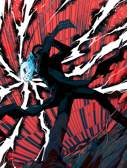 mg (pixiv279296), quyo94, hirasawa susumu, real life, 1boy, black hair, guitar, instrument, lightning, male focus, manly, red eyes, short hair, solo