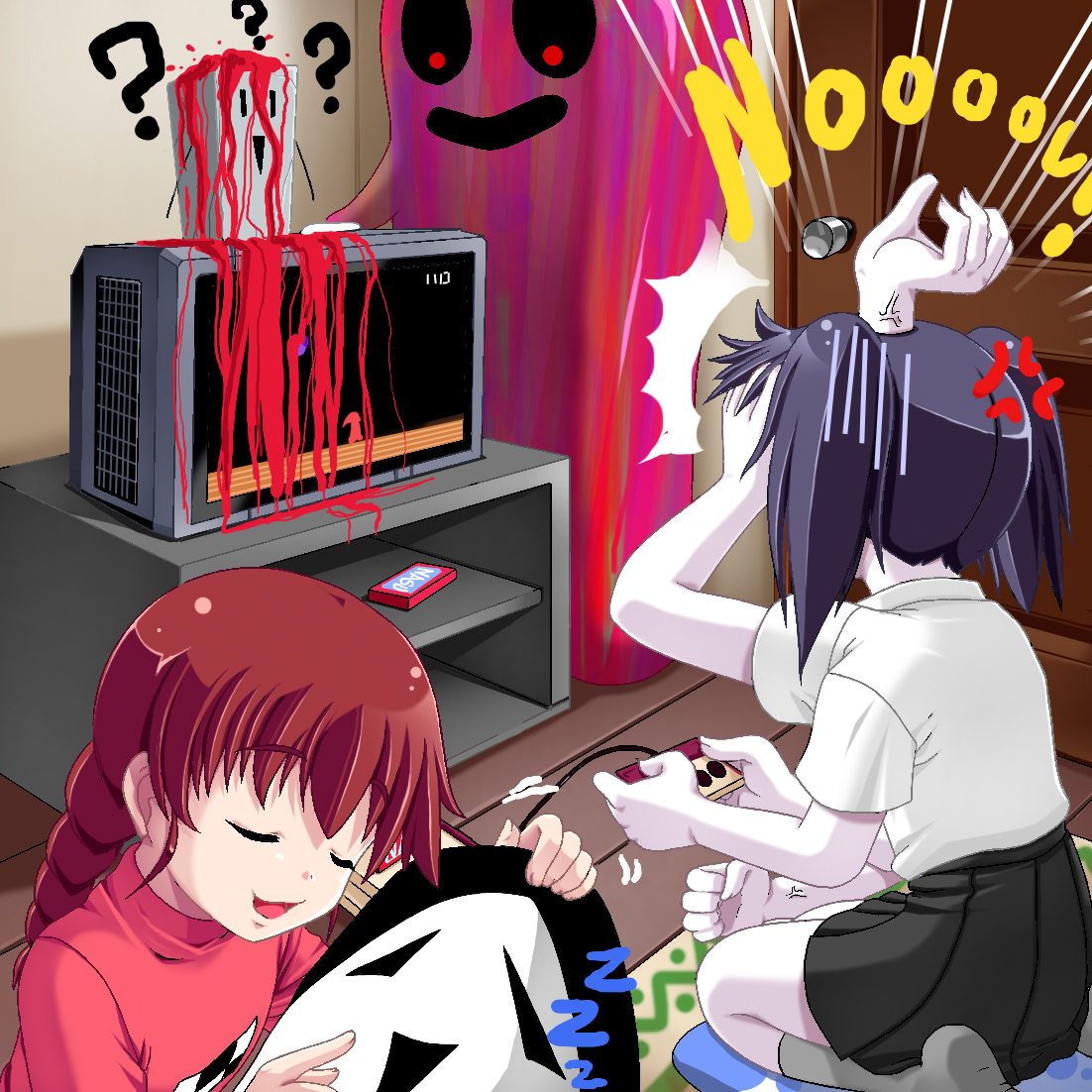 rapama, kyukkyu-kun, madotsuki, monoko, tokuto-kun, uboa, yume nikki, bad id, bad pixiv id, 2girls, :3, ?, angry, blood, blouse, braid, closed eyes, crt, extra arms, kneehighs, monster party, multiple girls, pink shirt, playing games, shirt, shirt tucked in, skirt, socks, television, twin braids, twintails, video game, white shirt, wooden floor