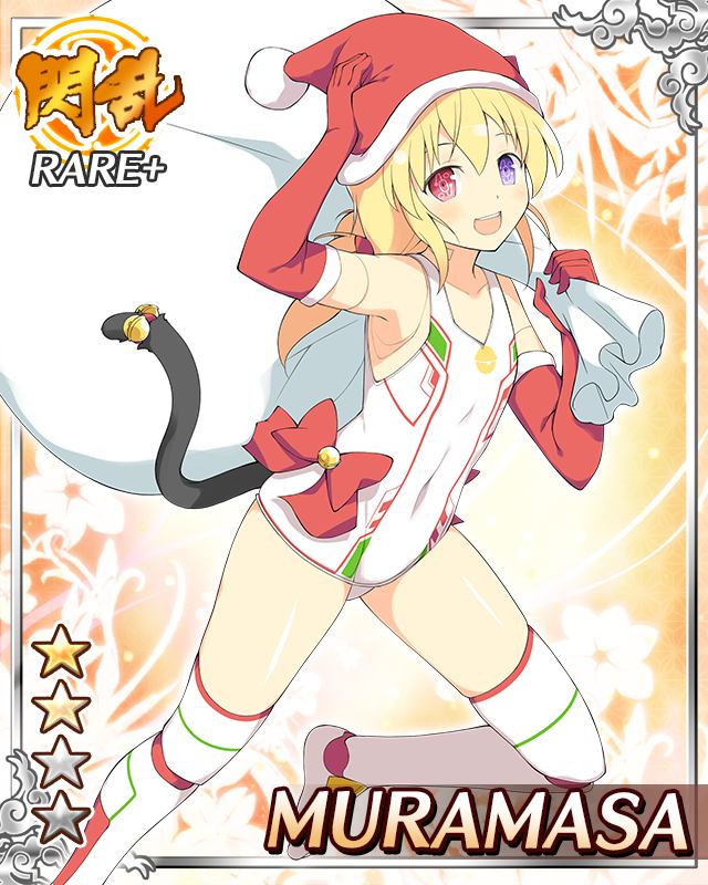 muramasa (senran kagura), senran kagura, senran kagura new wave, game cg, official art, 1girl, :d, android, bell, blonde hair, bow, card (medium), cat tail, character name, christmas, doll joints, elbow gloves, english text, fake tail, flat chest, fur-trimmed headwear, fur trim, gloves, hat, heterochromia, holding, holding sack, horns, joints, looking at viewer, low twintails, mechanical horns, medium hair, navel, one-piece swimsuit, open mouth, purple eyes, red bow, red eyes, red gloves, sack, santa hat, smile, solo, swimsuit, tail, tail bell, tail ornament, thighhighs, twintails, white one-piece swimsuit, white thighhighs