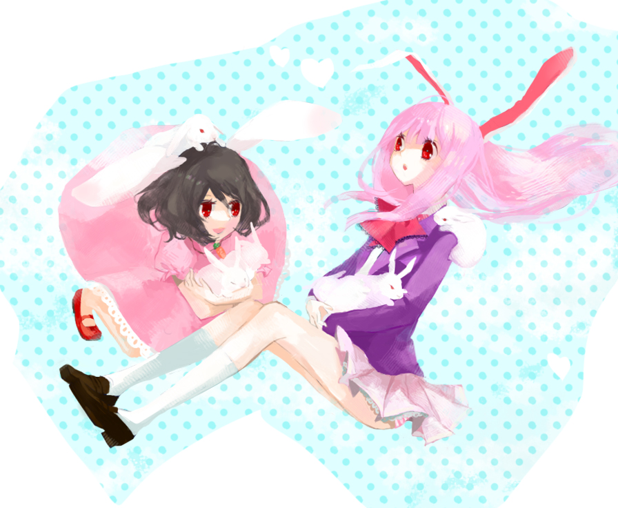 hm (artist), slash (syrh3ee), inaba tewi, reisen udongein inaba, touhou, bad id, bad pixiv id, 2girls, animal ears, brown hair, female focus, heart, kneehighs, long hair, multiple girls, panties, pink hair, rabbit, rabbit ears, red eyes, short hair, socks, striped clothes, striped panties, underwear, white socks