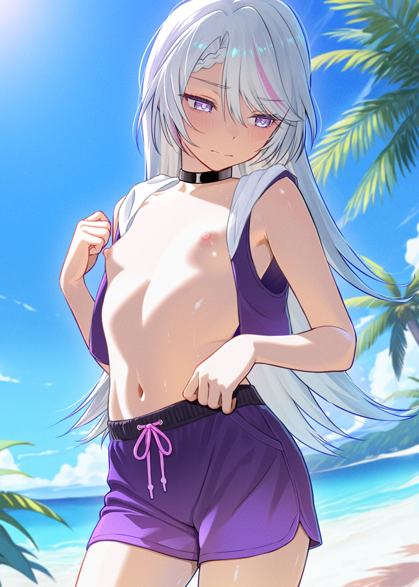 kanden sky, original, commission, highres, pixiv commission, 1girl, beach, black choker, blush, braid, breasts, choker, hair between eyes, long hair, multicolored hair, navel, nipples, no bra, ocean, open clothes, open shirt, outdoors, palm tree, parted bangs, purple eyes, purple hair, purple shirt, purple shorts, shirt, shorts, sky, sleeveless, small breasts, solo, streaked hair, swimsuit, tree, water, white hair