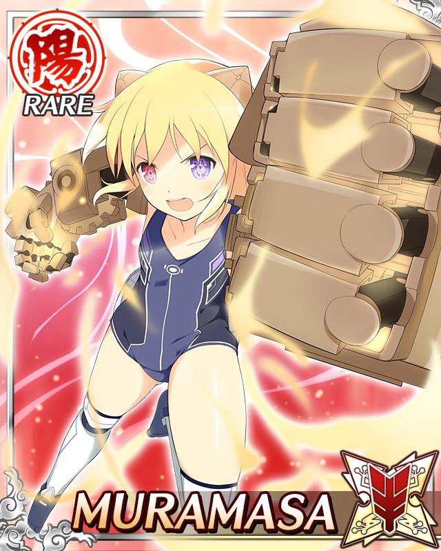 muramasa (senran kagura), senran kagura, senran kagura new wave, game cg, official art, 1girl, :o, android, aura, blonde hair, blue one-piece swimsuit, card (medium), character name, doll joints, english text, fighting, flat chest, giant fist, heterochromia, horns, incoming attack, incoming punch, joints, low twintails, mechanical horns, medium hair, one-piece swimsuit, power fist, punching, purple eyes, red eyes, solo, swimsuit, thighhighs, twintails