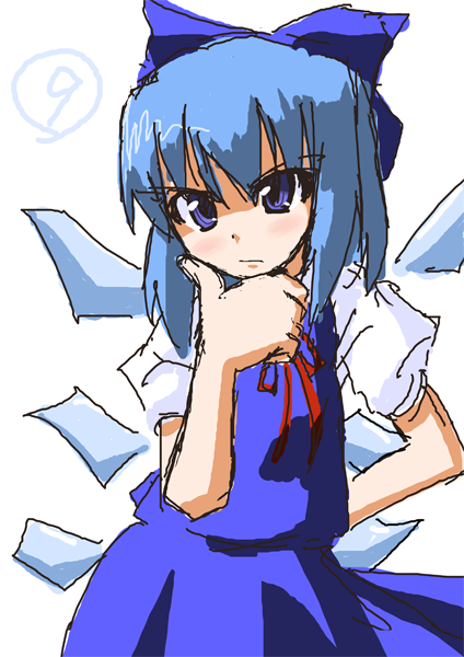okumari, cirno, phantasmagoria of flower view, touhou, bad id, bad pixiv id, tagme, 1girl, blue eyes, blue hair, bow, circled 9, cowboy shot, female focus, hair bow, hand on own chin, matching hair/eyes, oekaki, shaded face, simple background, sketch, solo, thinking, white background, wings