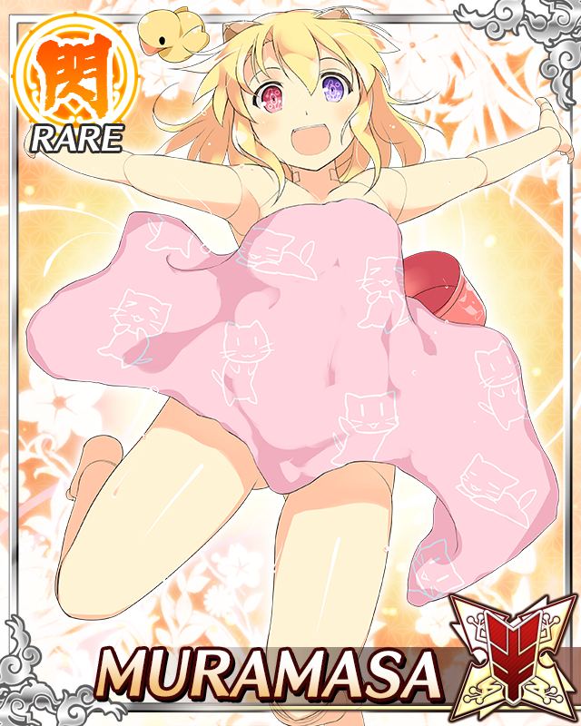 muramasa (senran kagura), senran kagura, senran kagura new wave, game cg, official art, 1girl, :d, android, animal print, blonde hair, card (medium), cat print, character name, completely nude, covered navel, doll joints, english text, flat chest, gluteal fold, heterochromia, horns, joints, jumping, looking at viewer, mechanical horns, medium hair, naked towel, nude, official alternate hairstyle, open mouth, outstretched arms, purple eyes, red eyes, smile, solo, towel